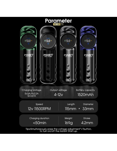 Mast Archer S Ultra Hızlı Şarjlı Kablosuz Dövme Makinesi Yeşil 4.2mm Stroke