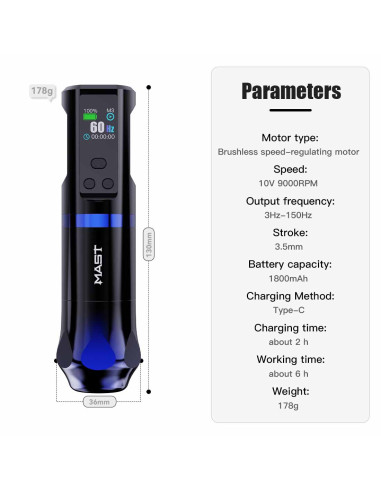 Mast Hertz Ayarlanabilir RPM Kablosuz Pen Dövme Makinesi